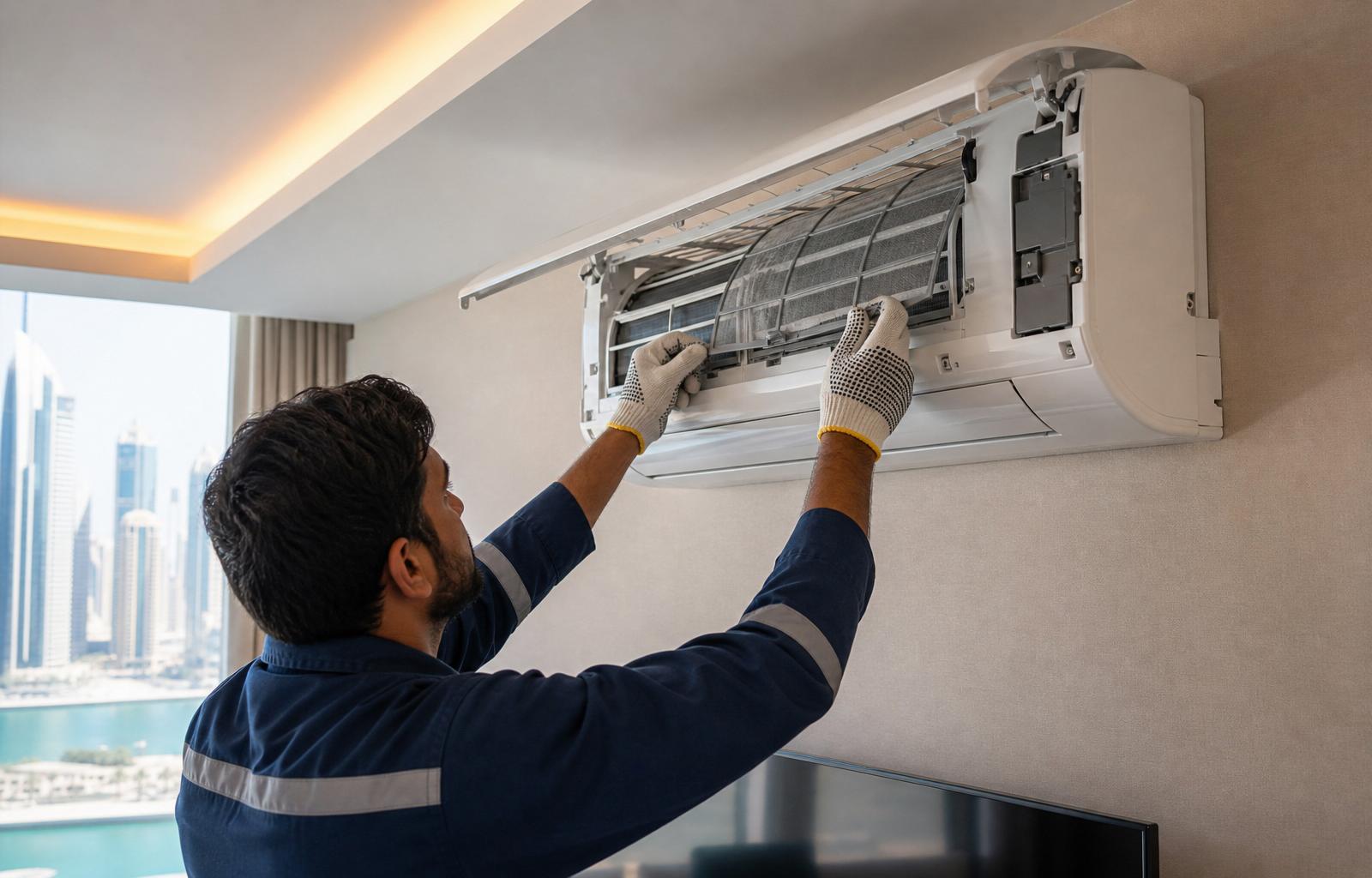 SUNAD technician servicing a wall-mounted split air-conditioner indoor unit in a Dubai apartment