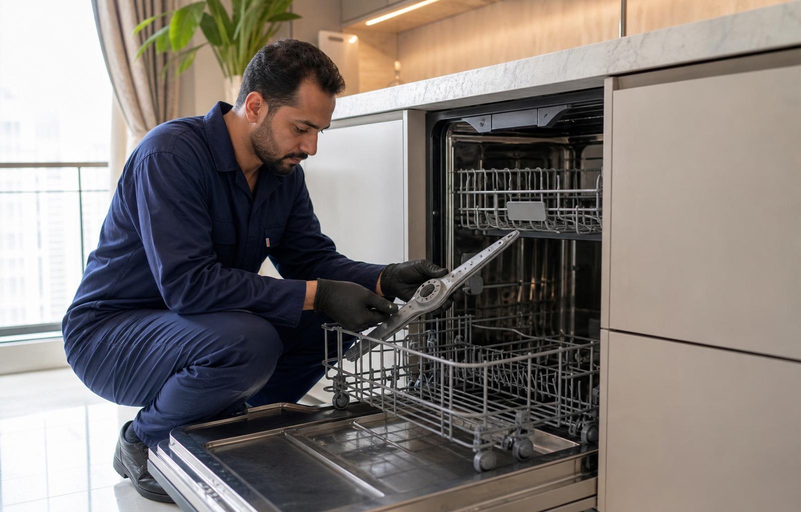 SUNAD technician servicing a built-in dishwasher spray arm in a Dubai kitchen