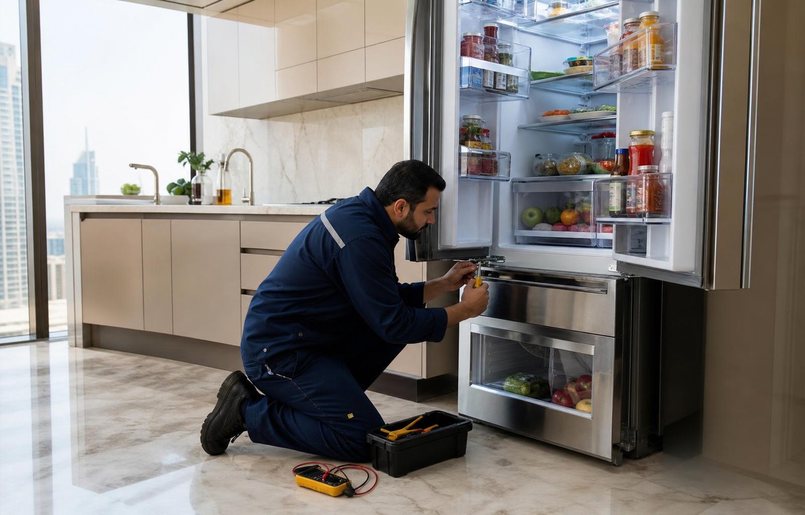 SUNAD technician inspecting a French-door refrigerator in a Dubai apartment kitchen