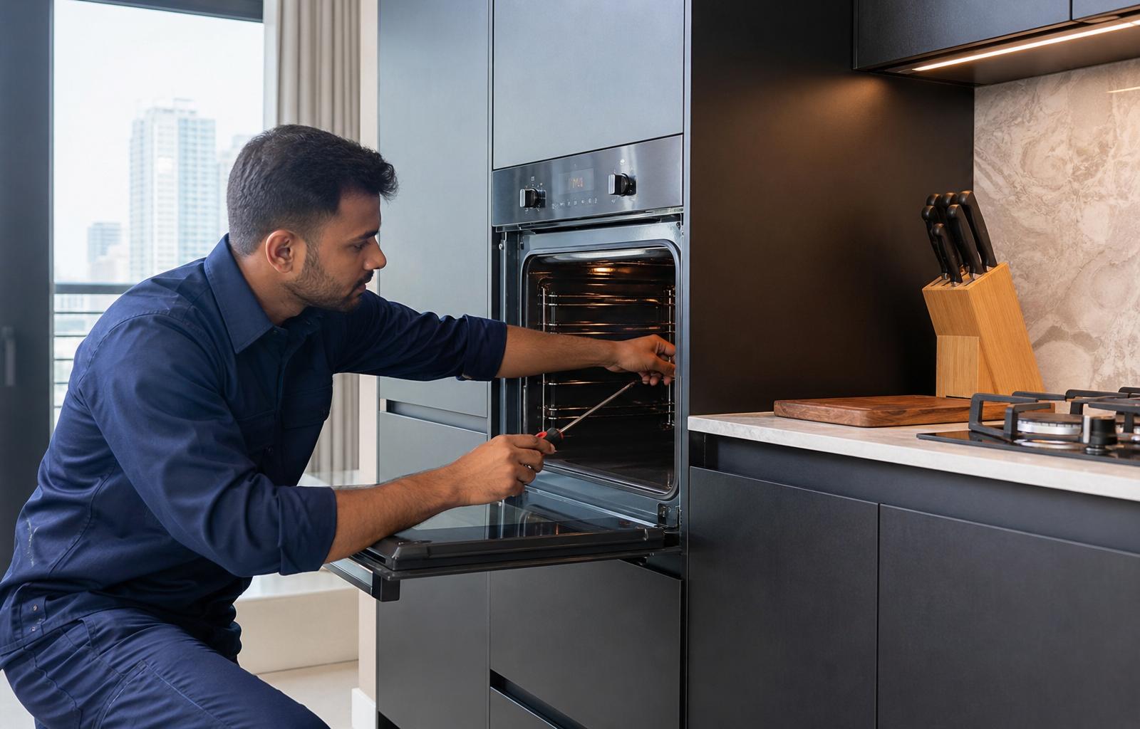 SUNAD technician servicing a built-in electric oven heating element in a Dubai kitchen