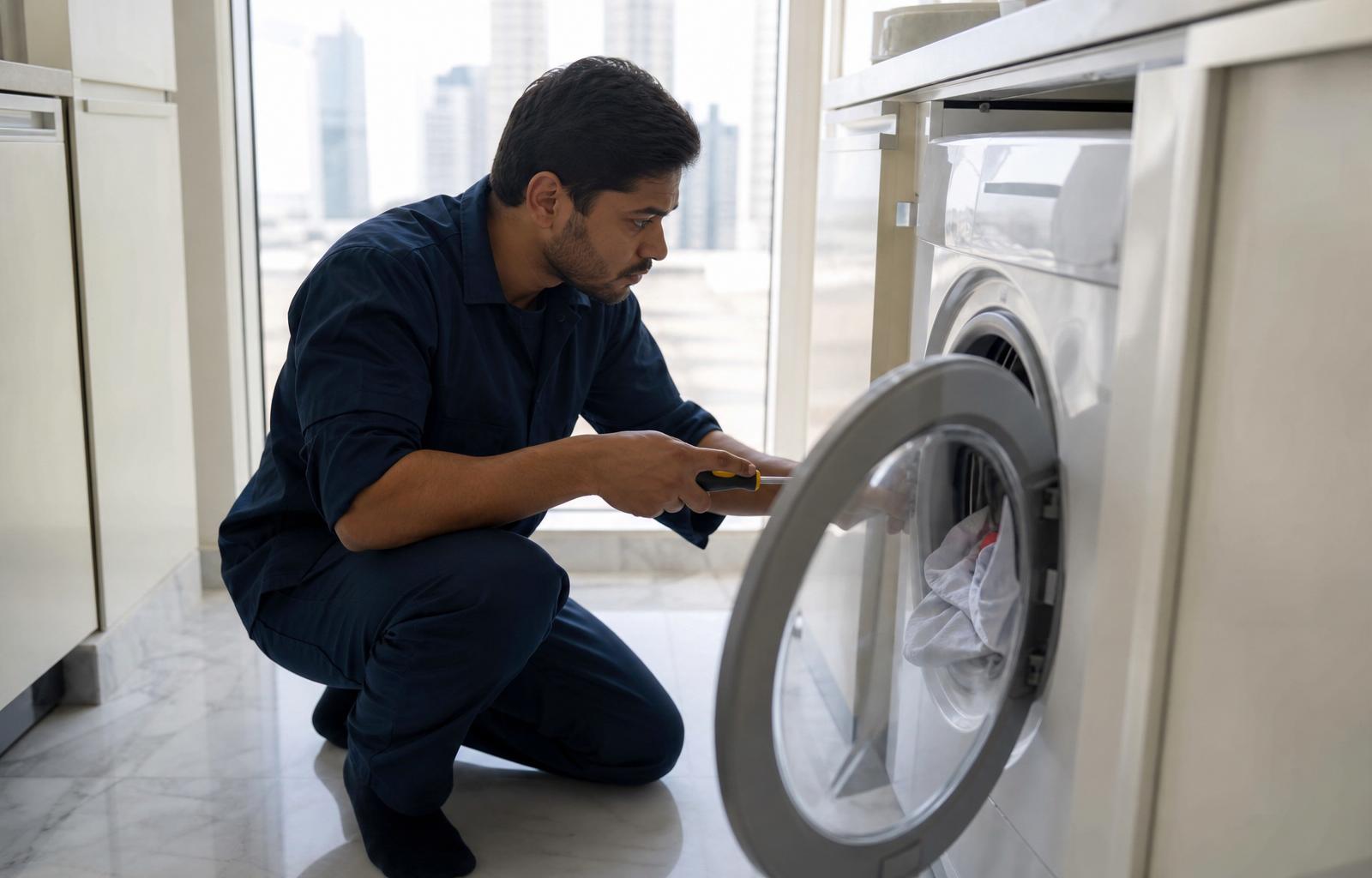 SUNAD technician repairing a front-load washing machine in a Dubai apartment